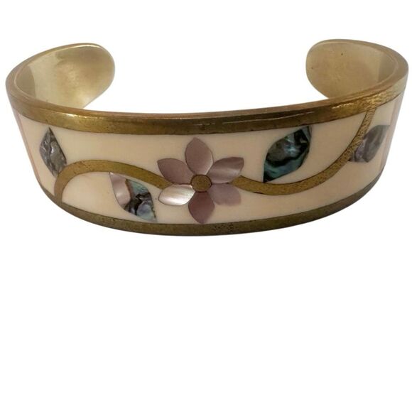 Vintage  Brass Floral Inlay Cuff Bracelet - Picture 1 of 10